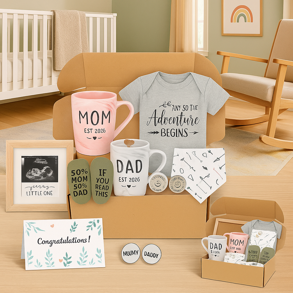 New Parents Gift Set – Mom & Dad Mugs, Baby Onesie, and Keepsake Frame | Perfect Gift for First-Time Parents