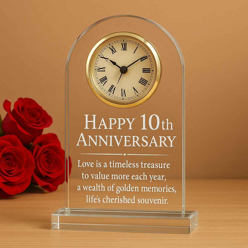 Elegant Glass Anniversary Clock Gift – Personalized Year Options (10th, 25th, 30th, 50th & More) – Keepsake Desk Clock for Couples, Parents, or Friends