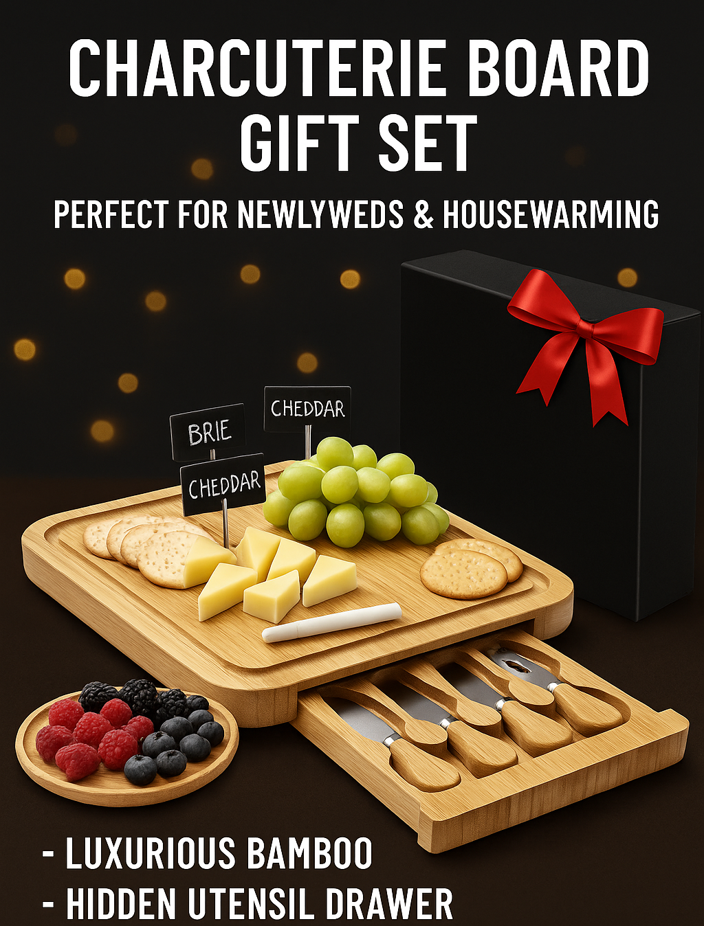 Charcuterie Board Gift Set – Bamboo Cheese Board & Knife Set for Housewarming or Wedding