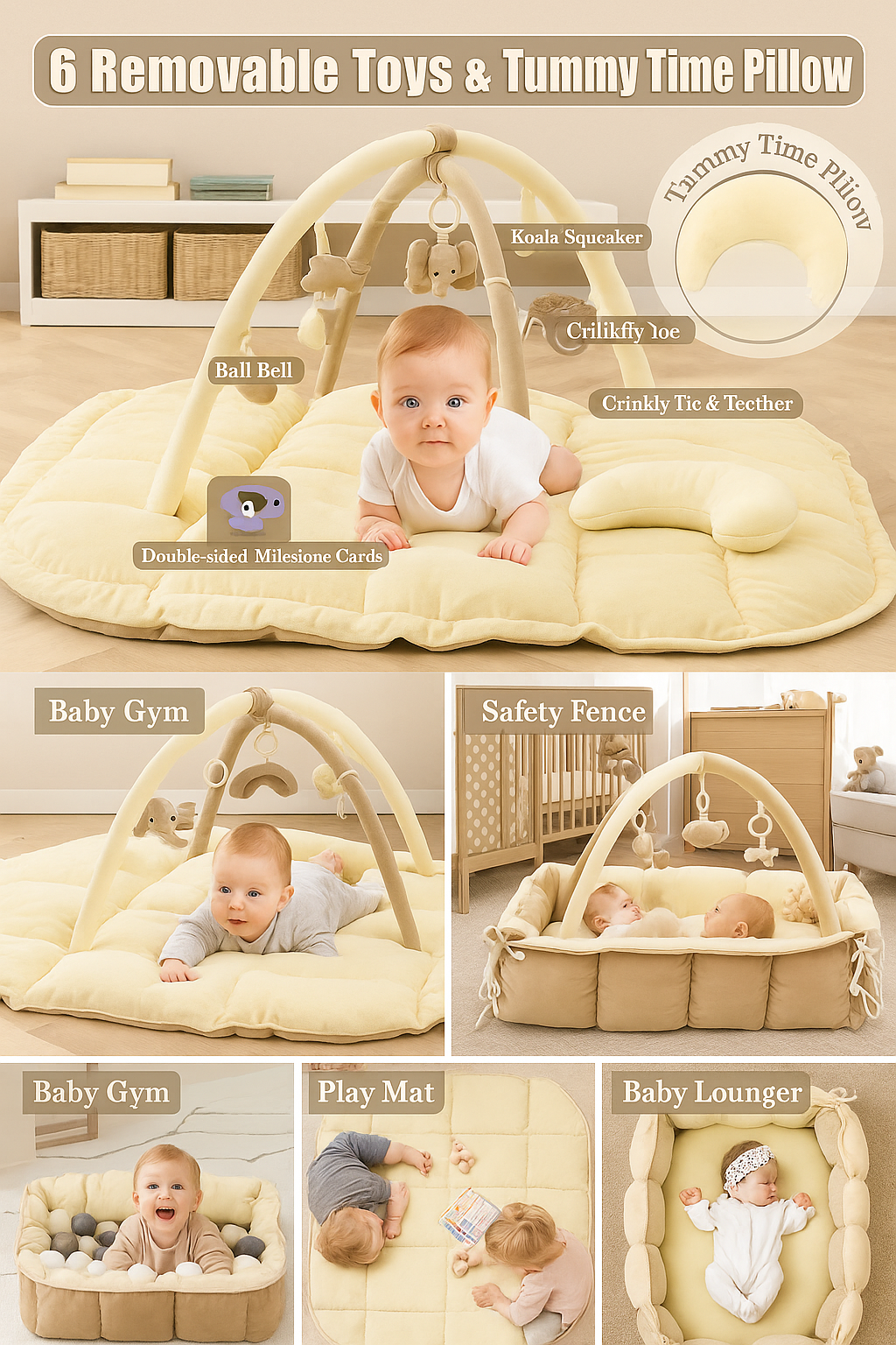 5-in-1 Plush Baby Play Gym & Activity Mat – Soft Neutral Design with Toys, Pillow & Ball Pit