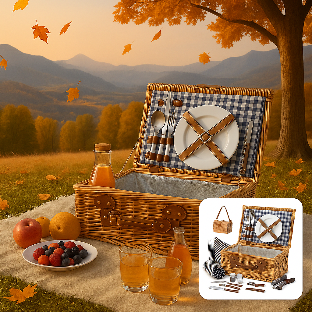 Romantic Wicker Picnic Basket for Two with Blanket & Cooler Lining – Perfect Anniversary Gift