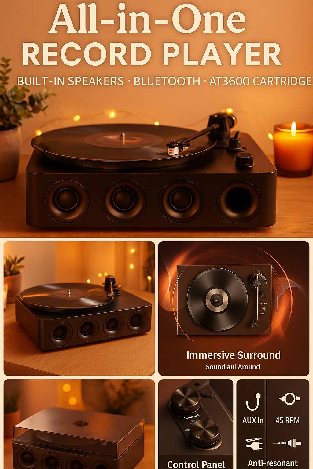 All-in-One High Fidelity Record Player with Built-In Speakers & Bluetooth
