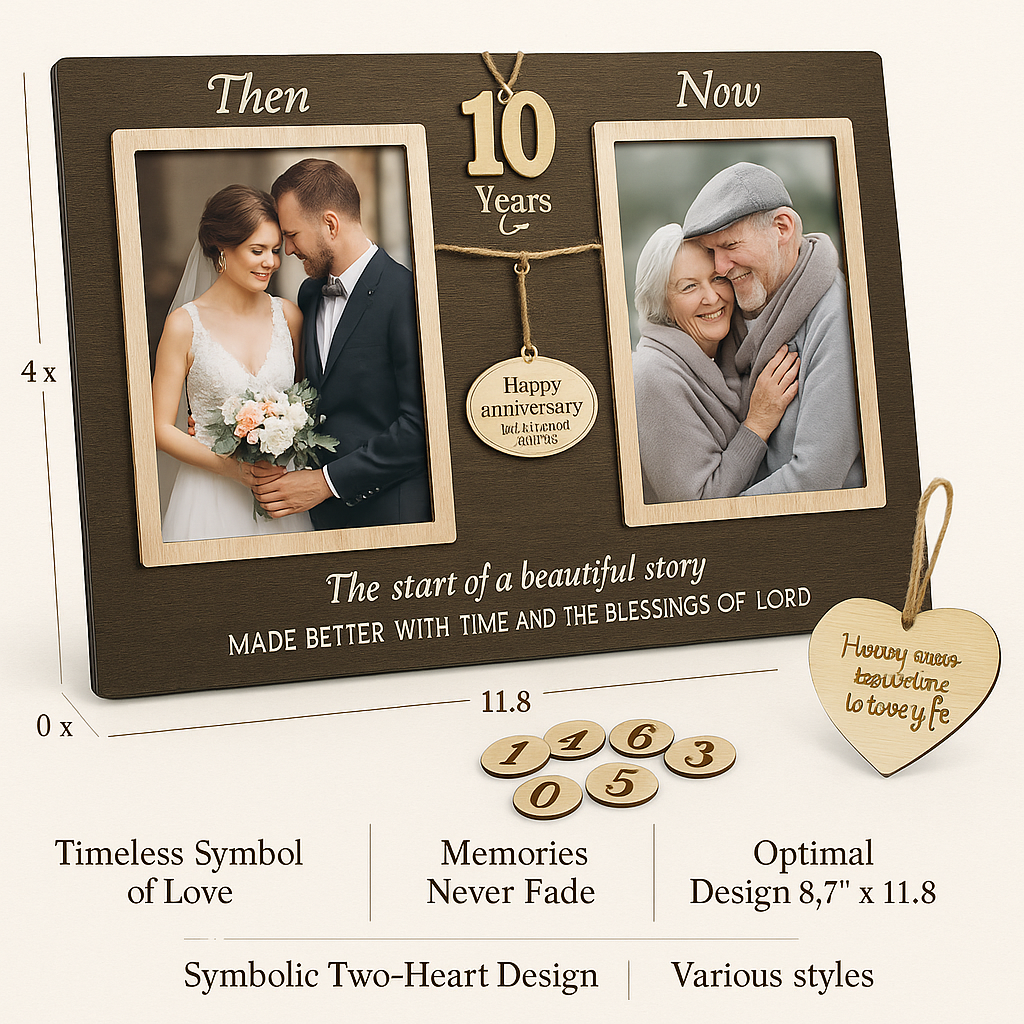 "Then & Now” Anniversary Picture Frame – Rustic Wooden Keepsake Gift